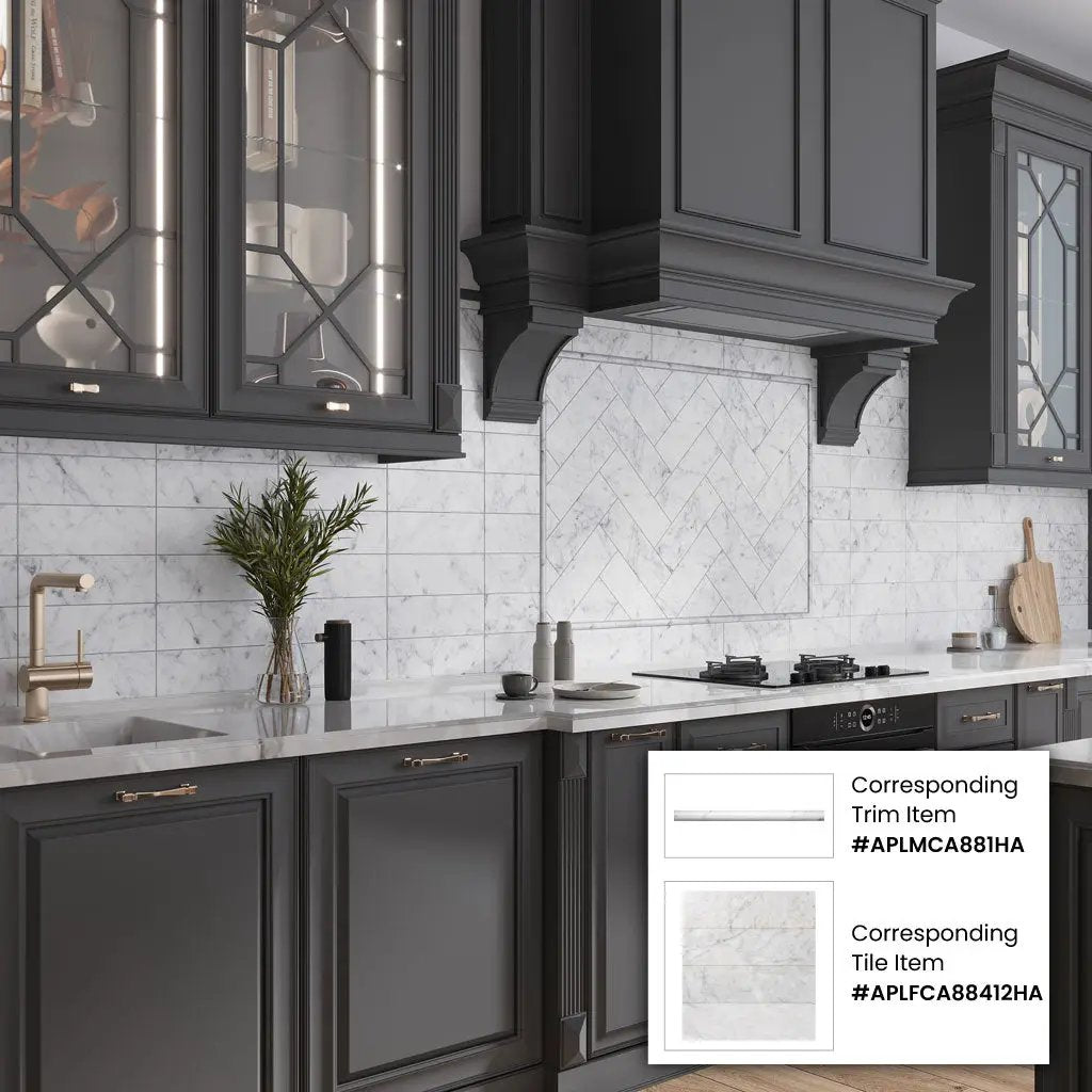 White 0.5x12 Honed Bianco Carrara Pencil Marble Tile Trim (10 pack, 0.5 sq ft/case) by Apollo Tile