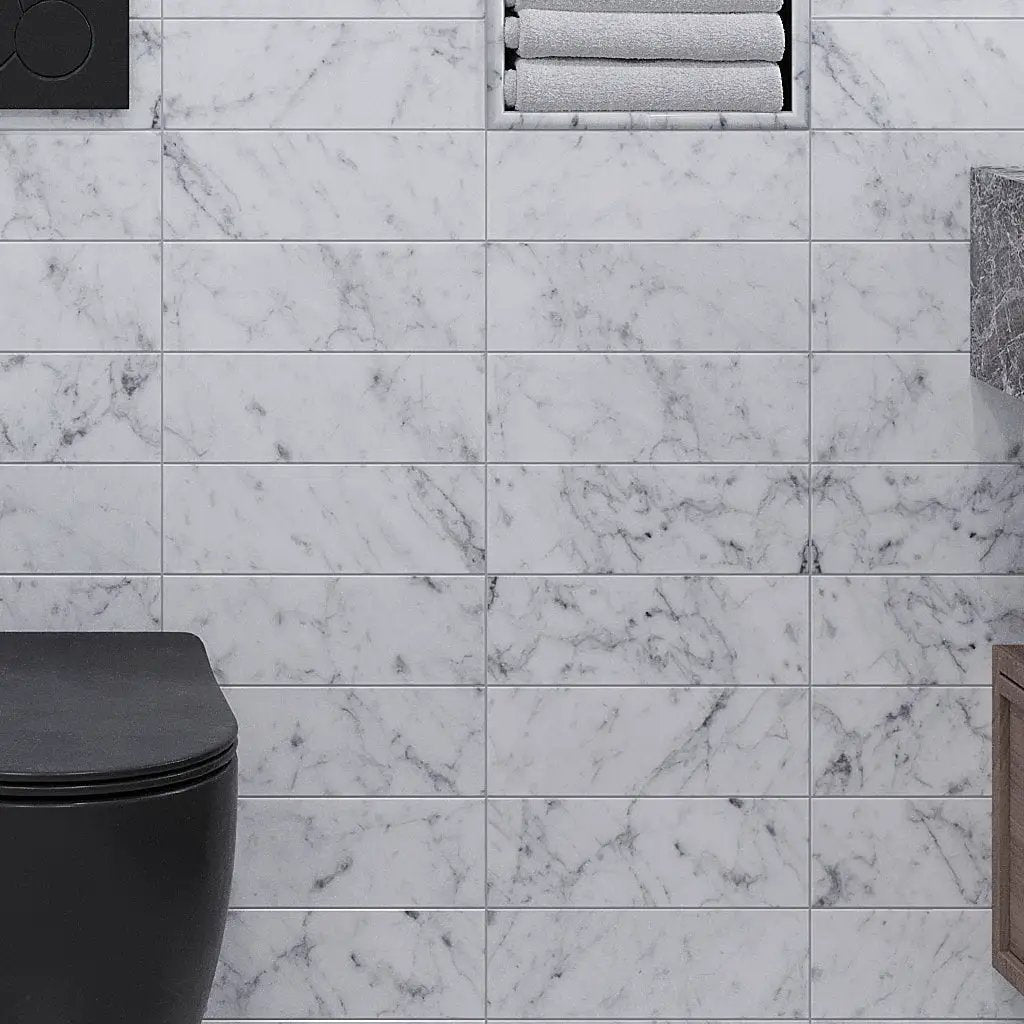 White 4x12 Polished Subway Bianco Carrara Marble Tile (15 pack, 5 sq ft/case) by Apollo Tile