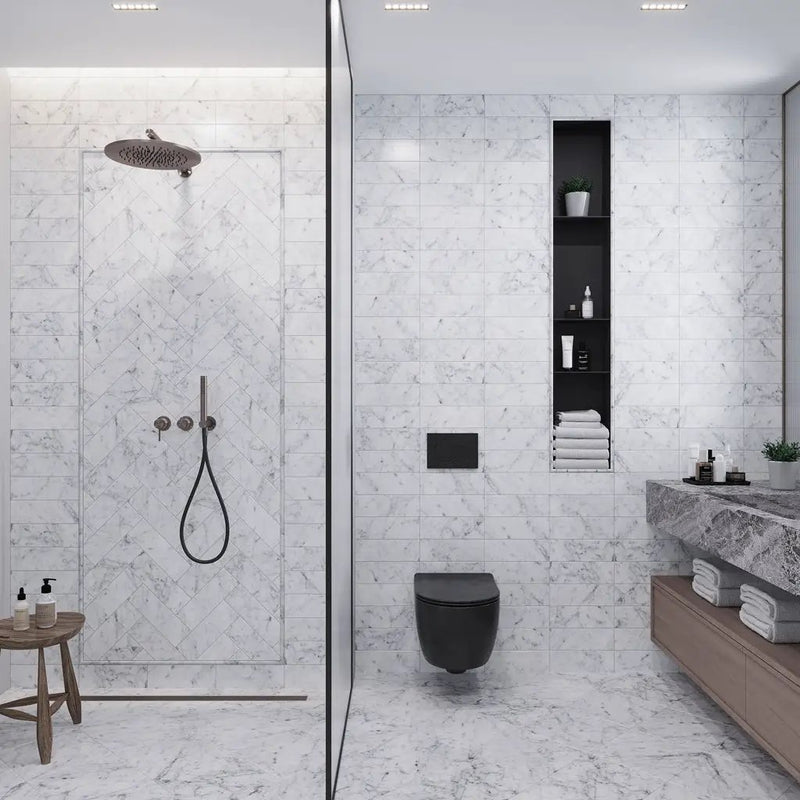 White 4x12 Polished Subway Bianco Carrara Marble Tile (15 pack, 5 sq ft/case) by Apollo Tile