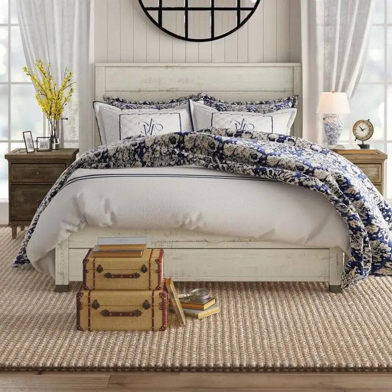Full Size Solid Wood Platform Bed Frame with Headboard in Rustic White Finish by HomePacific