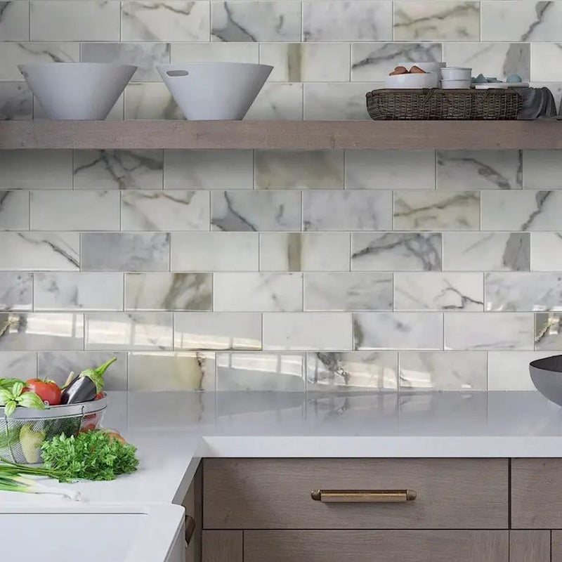 White 3x6 Polished Subway Calacatta Gold Marble Tile (40 pack, 5 sq ft/case) by Apollo Tile