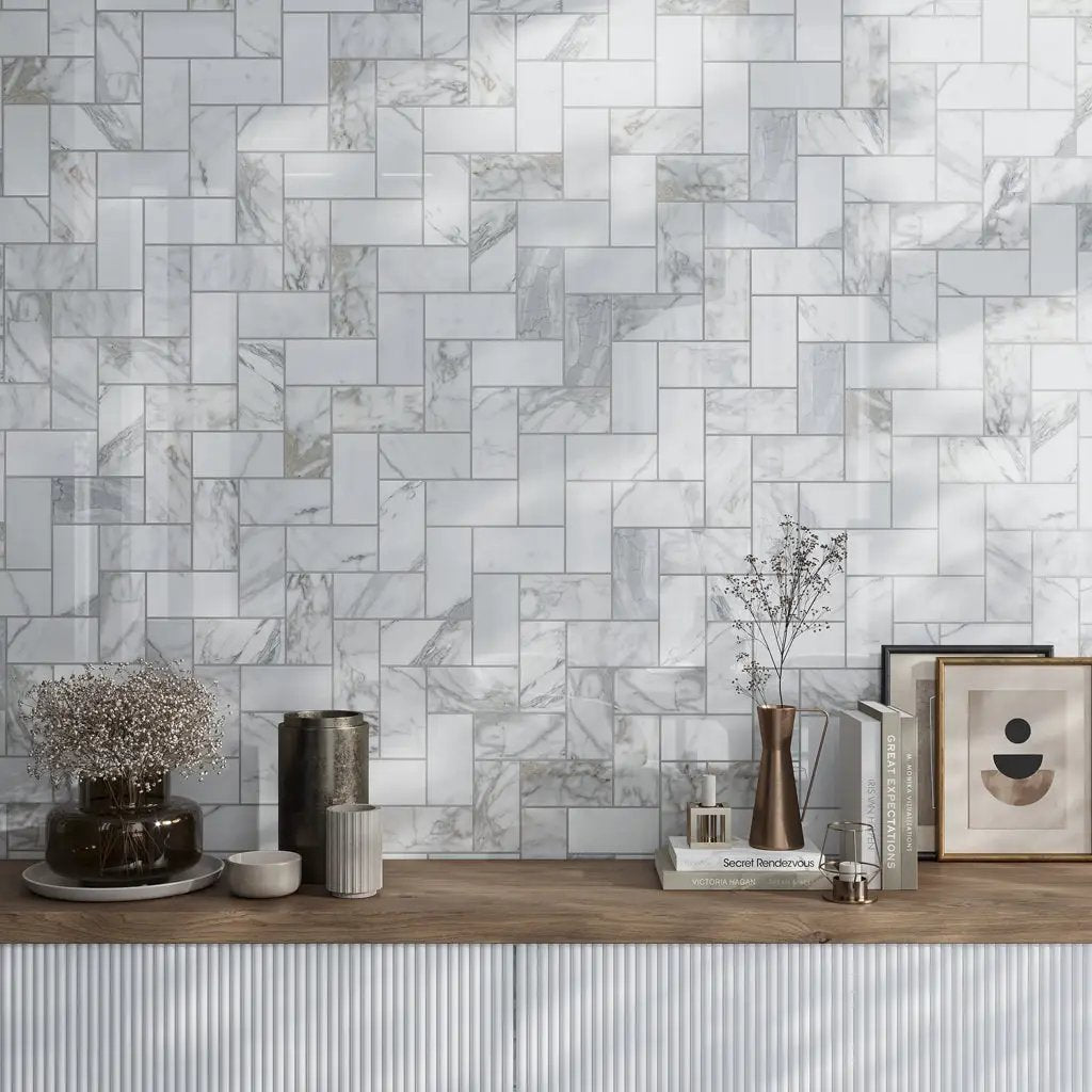 White 3x6 Polished Subway Calacatta Gold Marble Tile (40 pack, 5 sq ft/case) by Apollo Tile