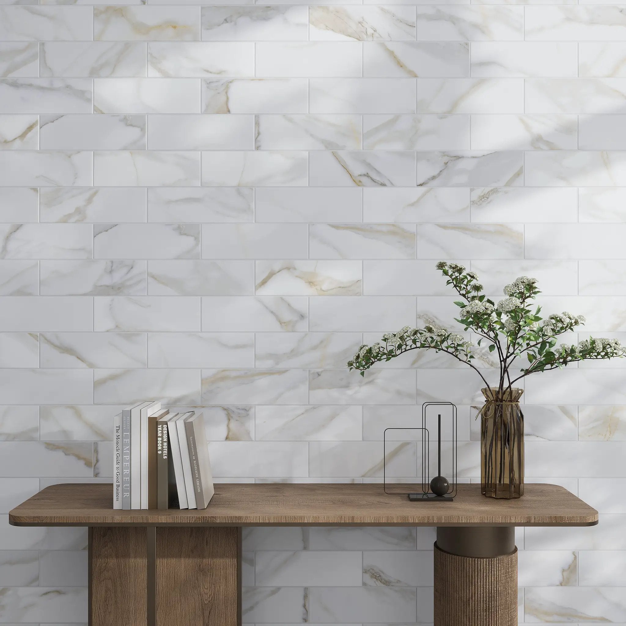 White 4x12 Honed Subway Calacatta Gold Marble Tile (15 pack, 5 sq ft/case) by Apollo Tile