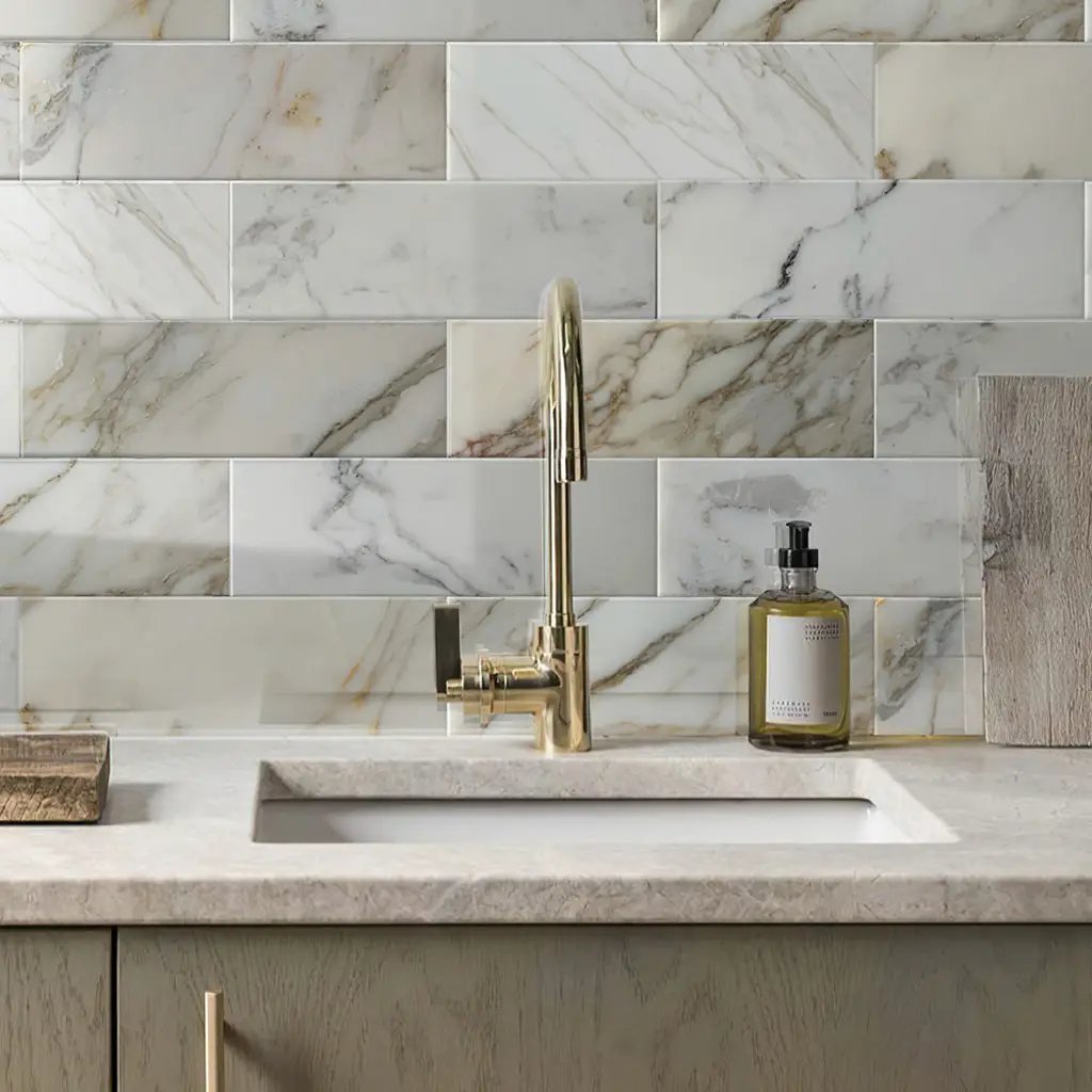 White 4x12 Polished Subway Calacatta Gold Marble Tile (15 pack, 5 sq ft/case) by Apollo Tile