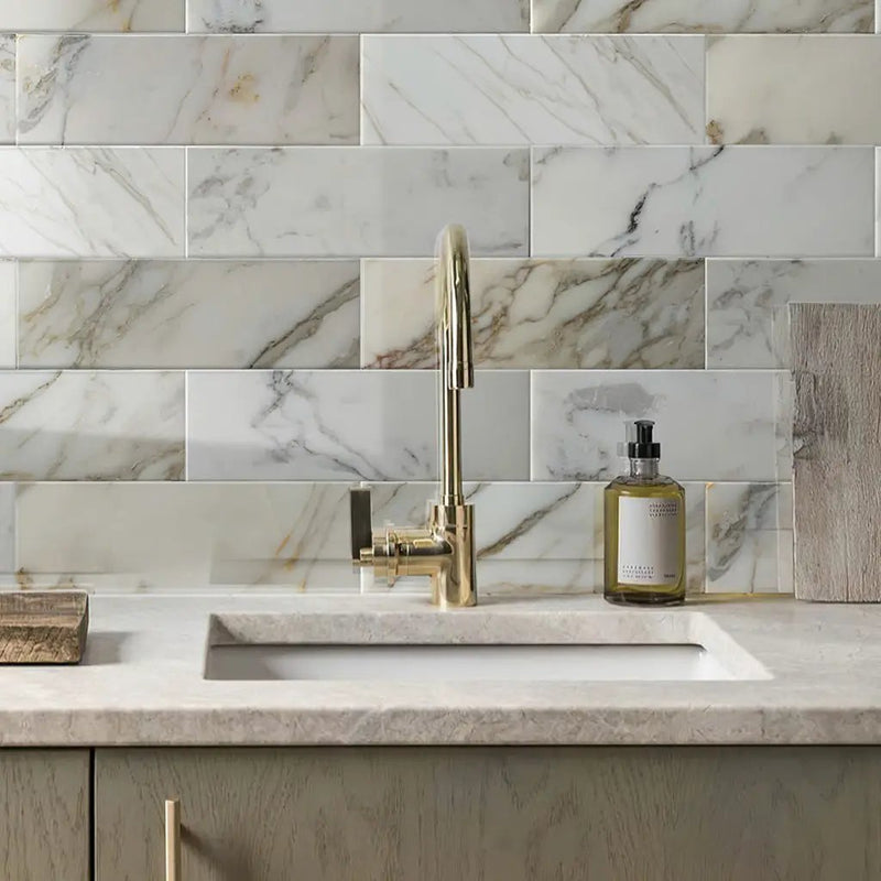 White 4x12 Polished Subway Calacatta Gold Marble Tile (15 pack, 5 sq ft/case) by Apollo Tile
