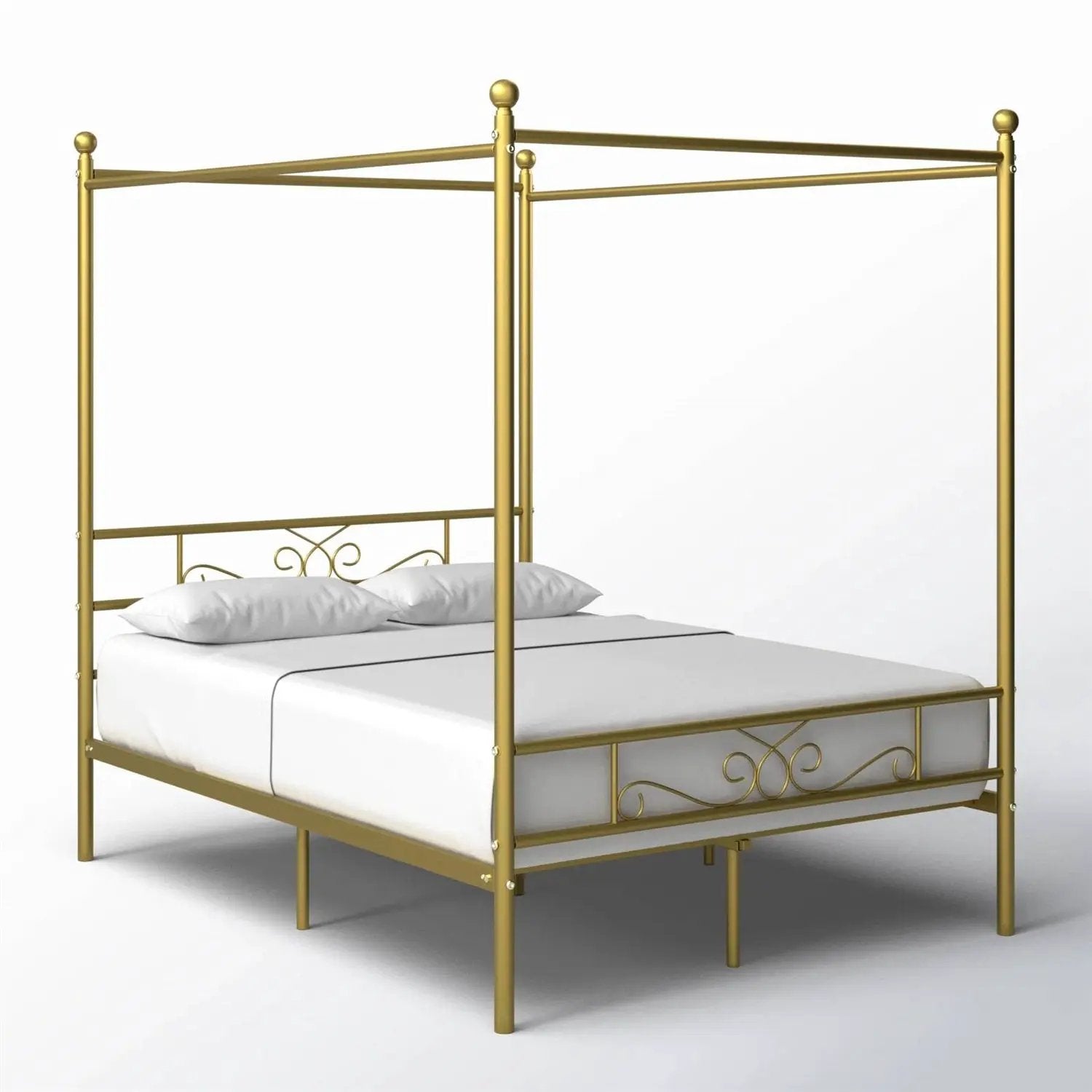 Full size French Country Four Poster Metal Canopy Bed in Gold Finish by HomePacific