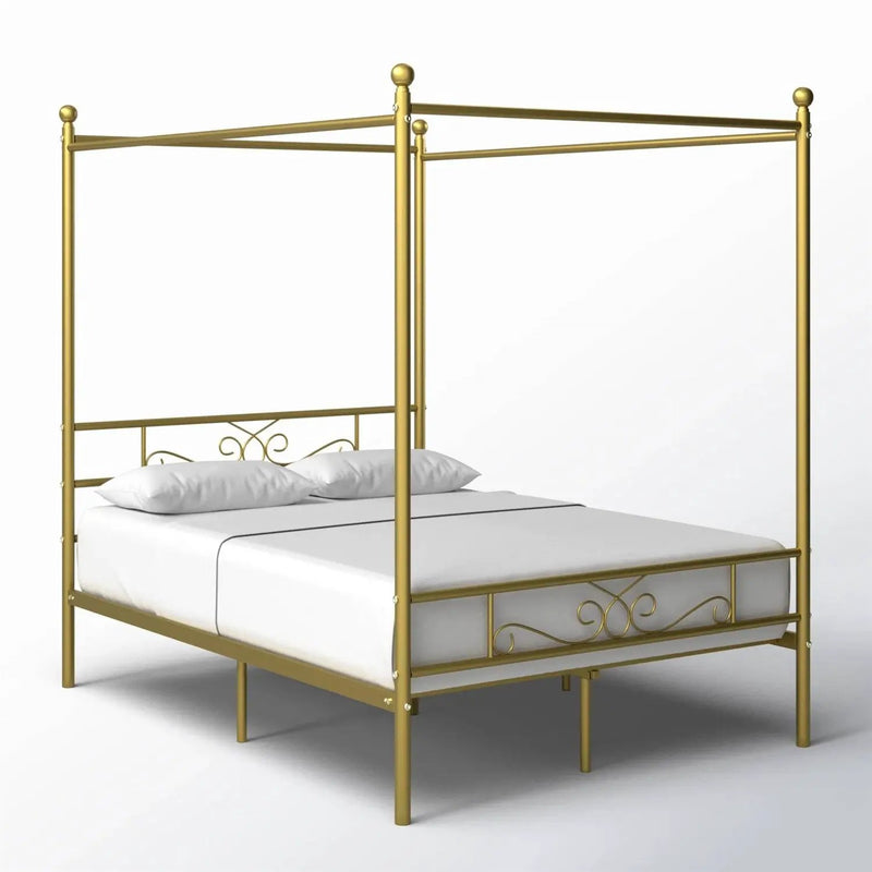 Full size French Country Four Poster Metal Canopy Bed in Gold Finish by HomePacific