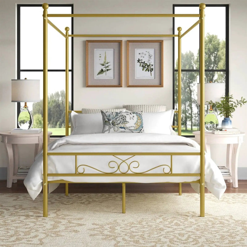 Full size French Country Four Poster Metal Canopy Bed in Gold Finish by HomePacific