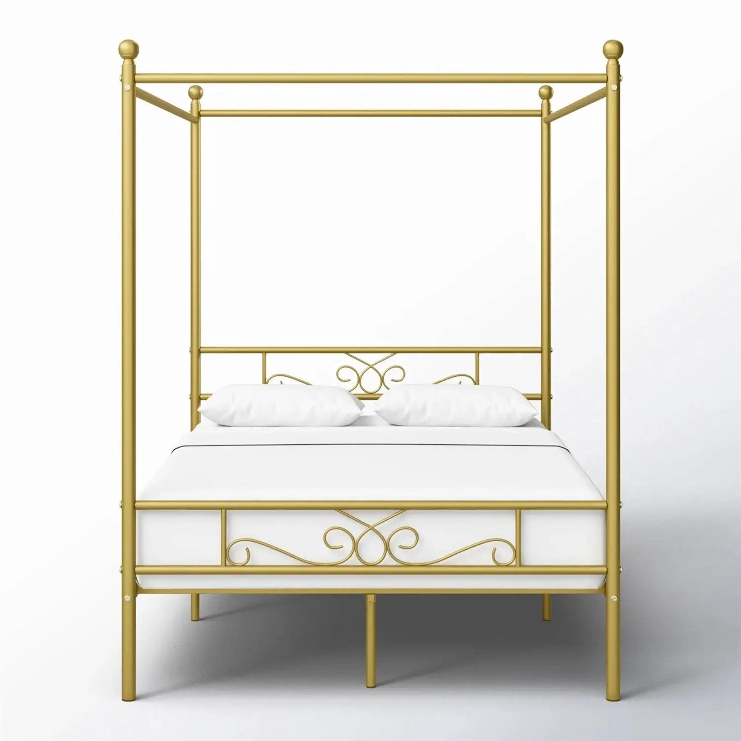 Full size French Country Four Poster Metal Canopy Bed in Gold Finish by HomePacific