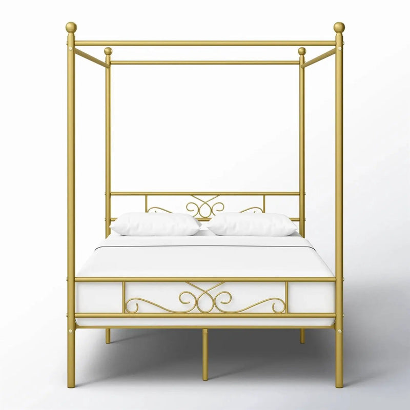 Full size French Country Four Poster Metal Canopy Bed in Gold Finish by HomePacific
