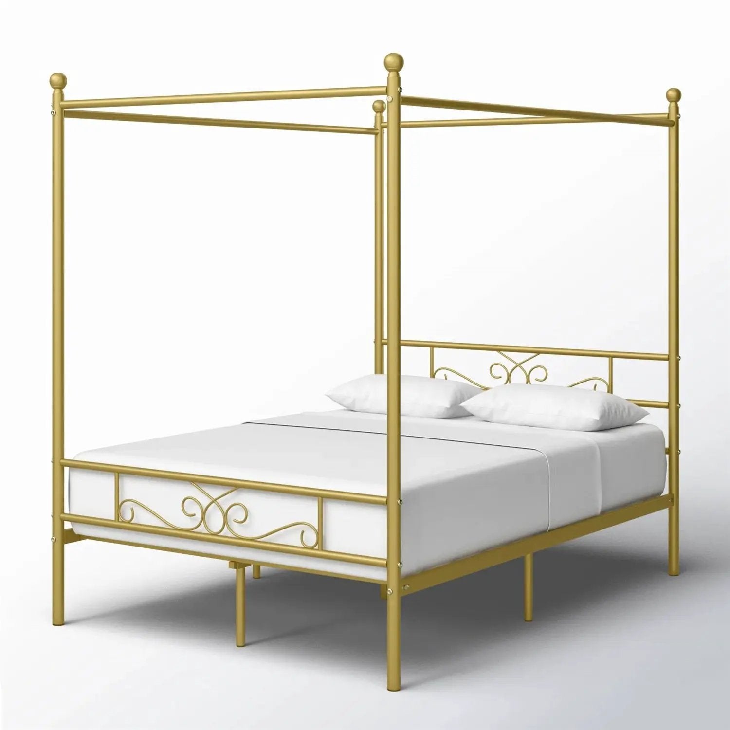 Full size French Country Four Poster Metal Canopy Bed in Gold Finish by HomePacific