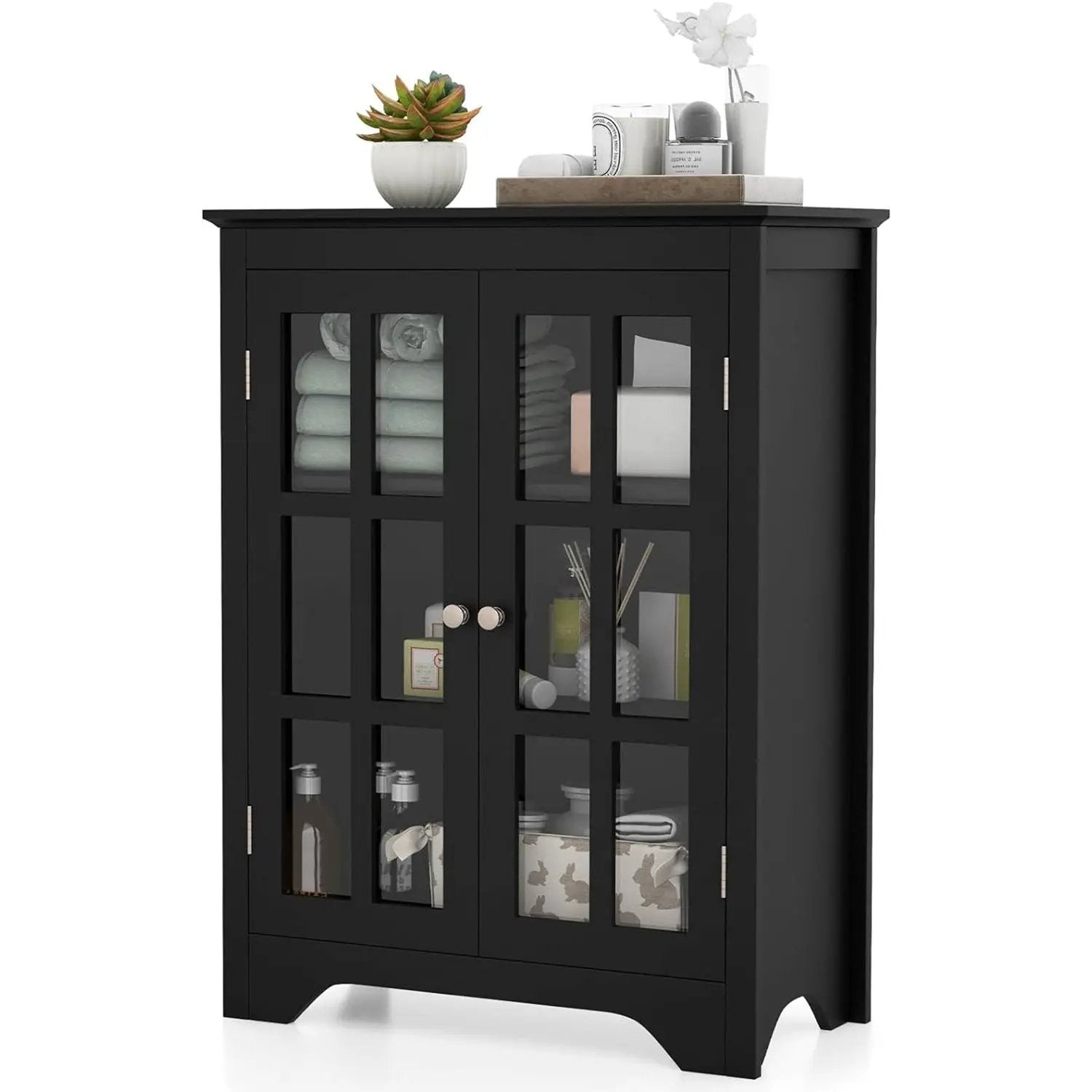 Black Bathroom Storage Linen Cabinet with Adjustable Shelves and Glass Doors by HomePacific