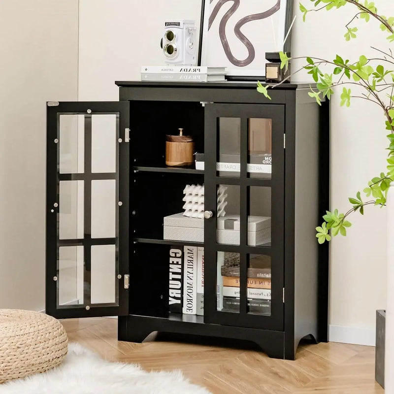 Black Bathroom Storage Linen Cabinet with Adjustable Shelves and Glass Doors by HomePacific