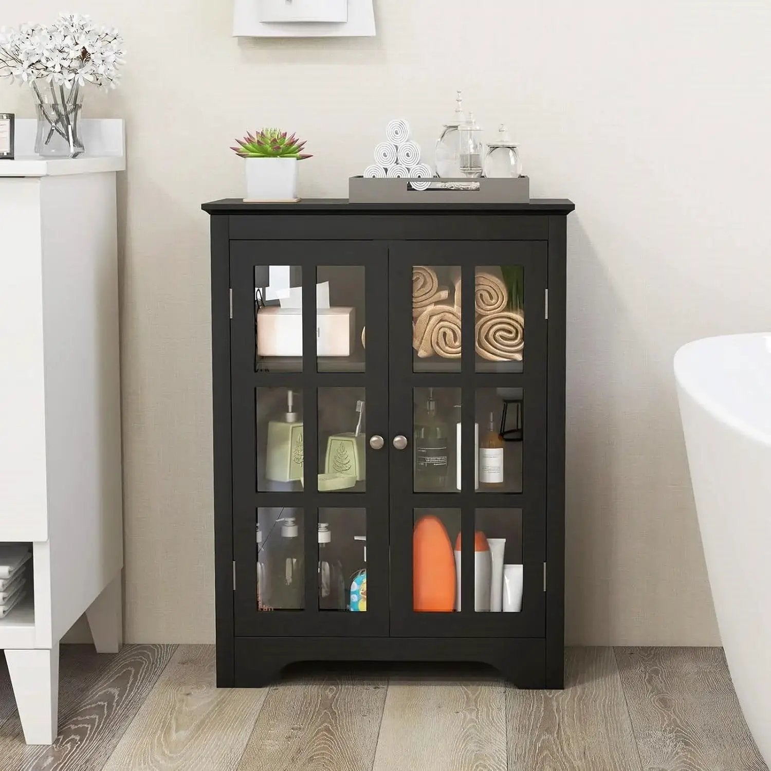 Black Bathroom Storage Linen Cabinet with Adjustable Shelves and Glass Doors by HomePacific