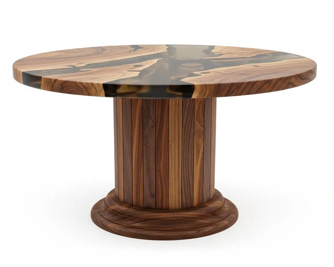 Round Dining Table with Solid Wood Drum Pedestal Base