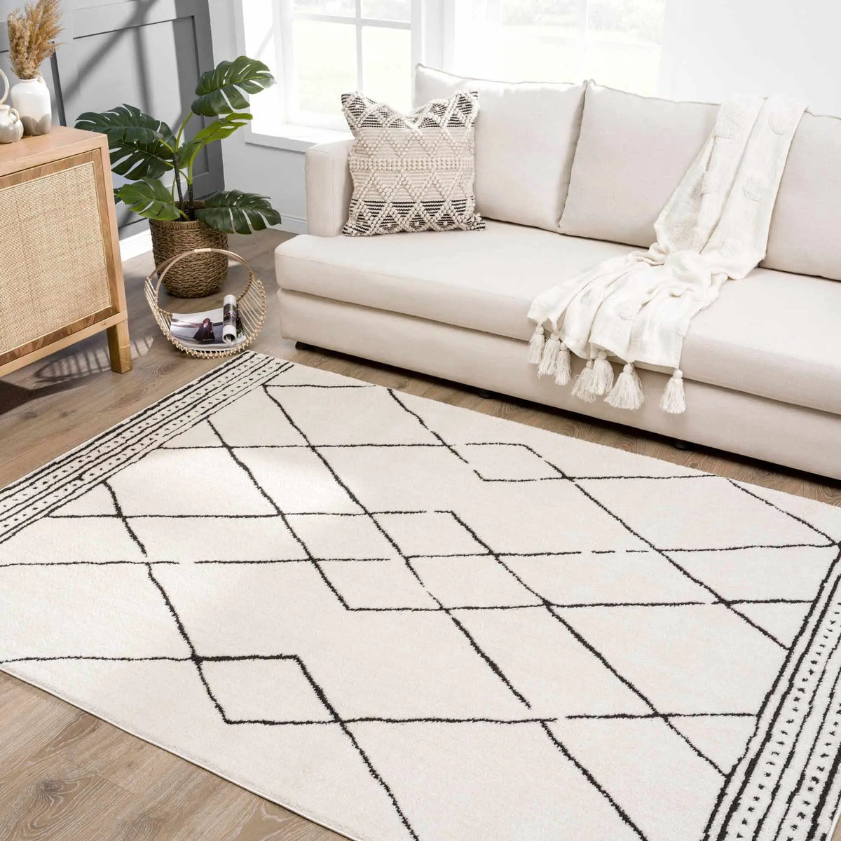 Keone Black & White Thick Rug, installed in a room 3