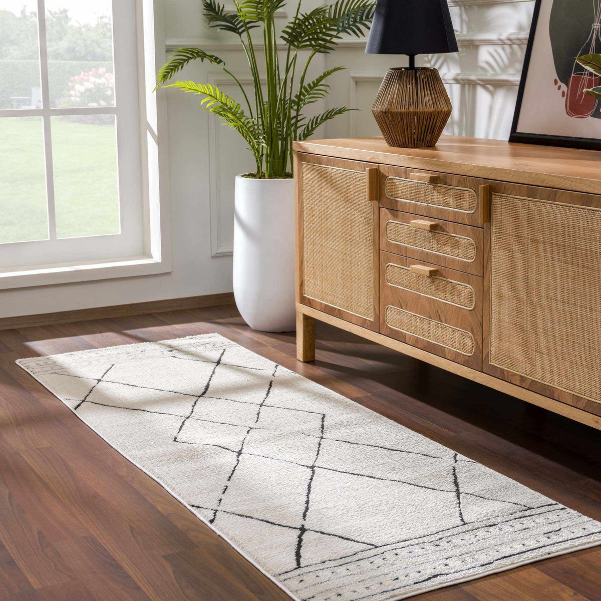 Keone Black & White Thick Rug, installed in a room 2