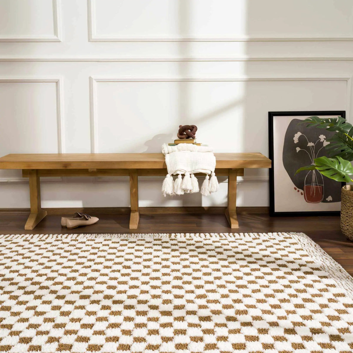 Leryn Brown & White Checkered Area Rug, installed in a room 5