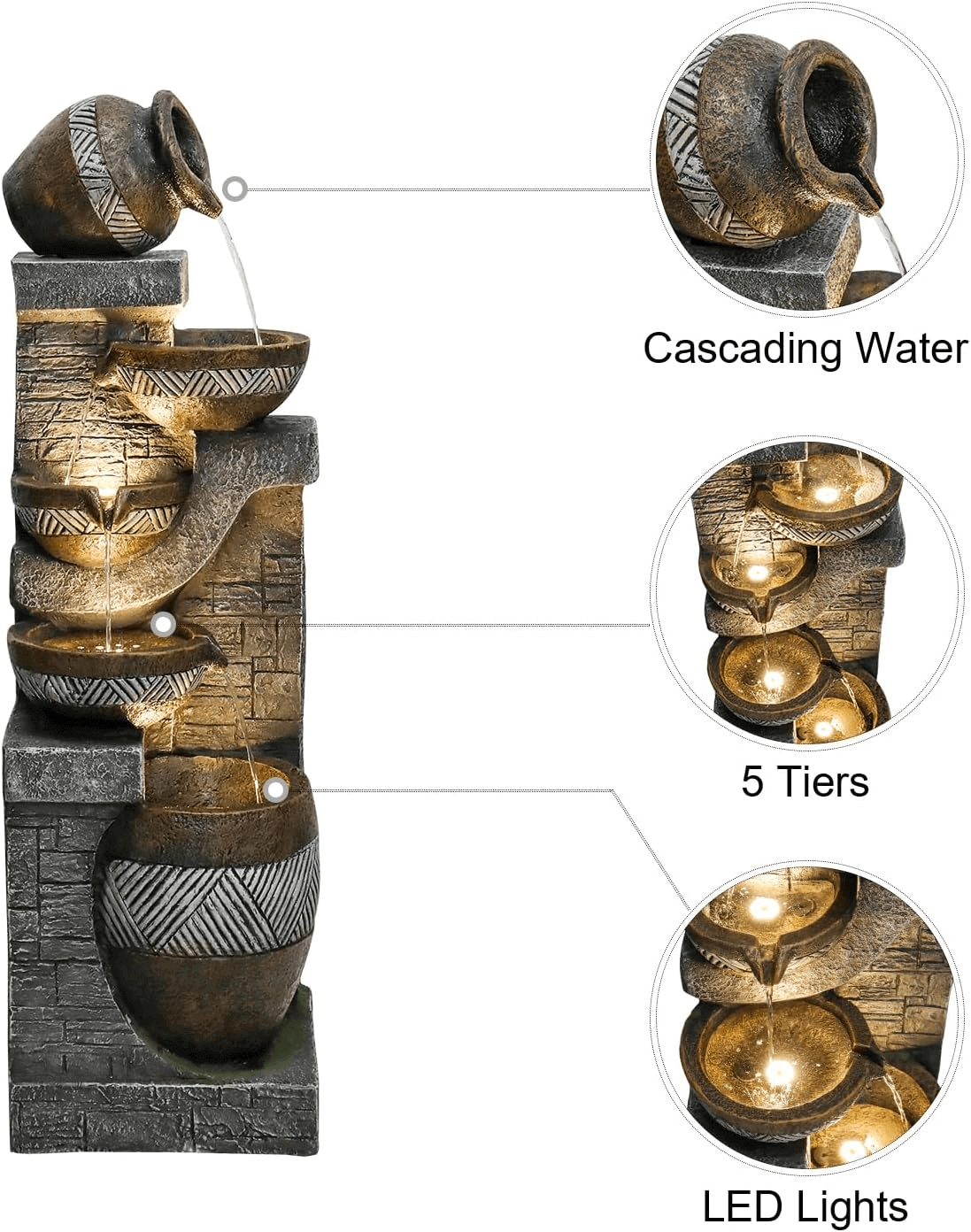 Resin Carved Clay Urn Outdoor Water Fountain 42 Inch, photo 6 of 12