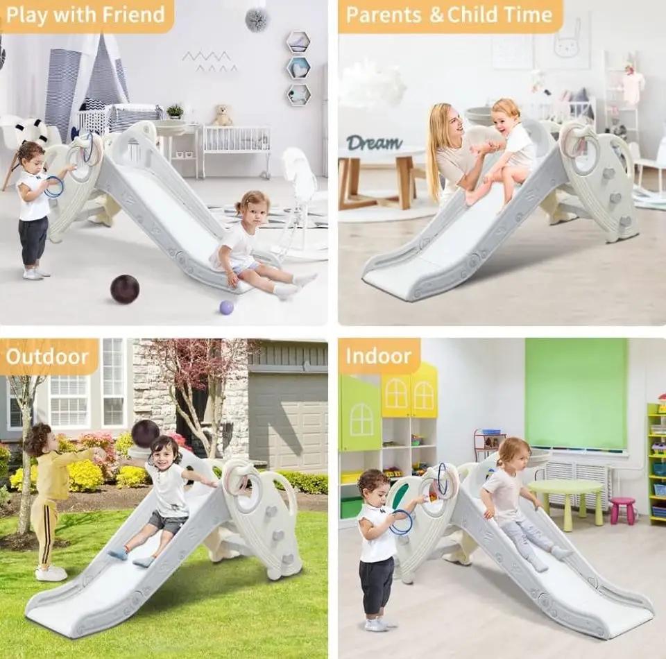 Open Box Onasti Kids Slide for Toddlers Age 1-3 Indoor Baby Plastic Slide Outdoor Climber Freestanding Playset with Basketball Hoop & Ring Game Grey by Selzalot