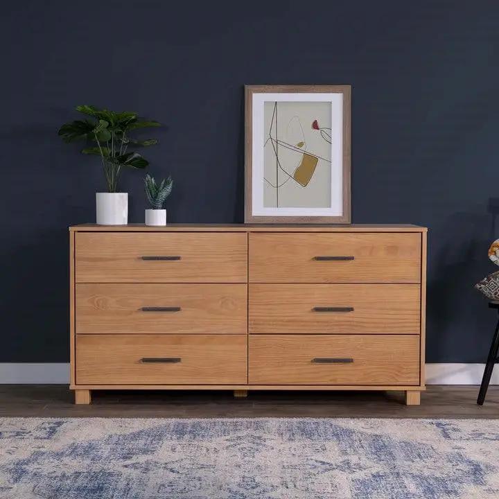 Modern Farmhouse Solid Wood 6 Drawer Double Dresser in Light Brown Finish by HomePacific