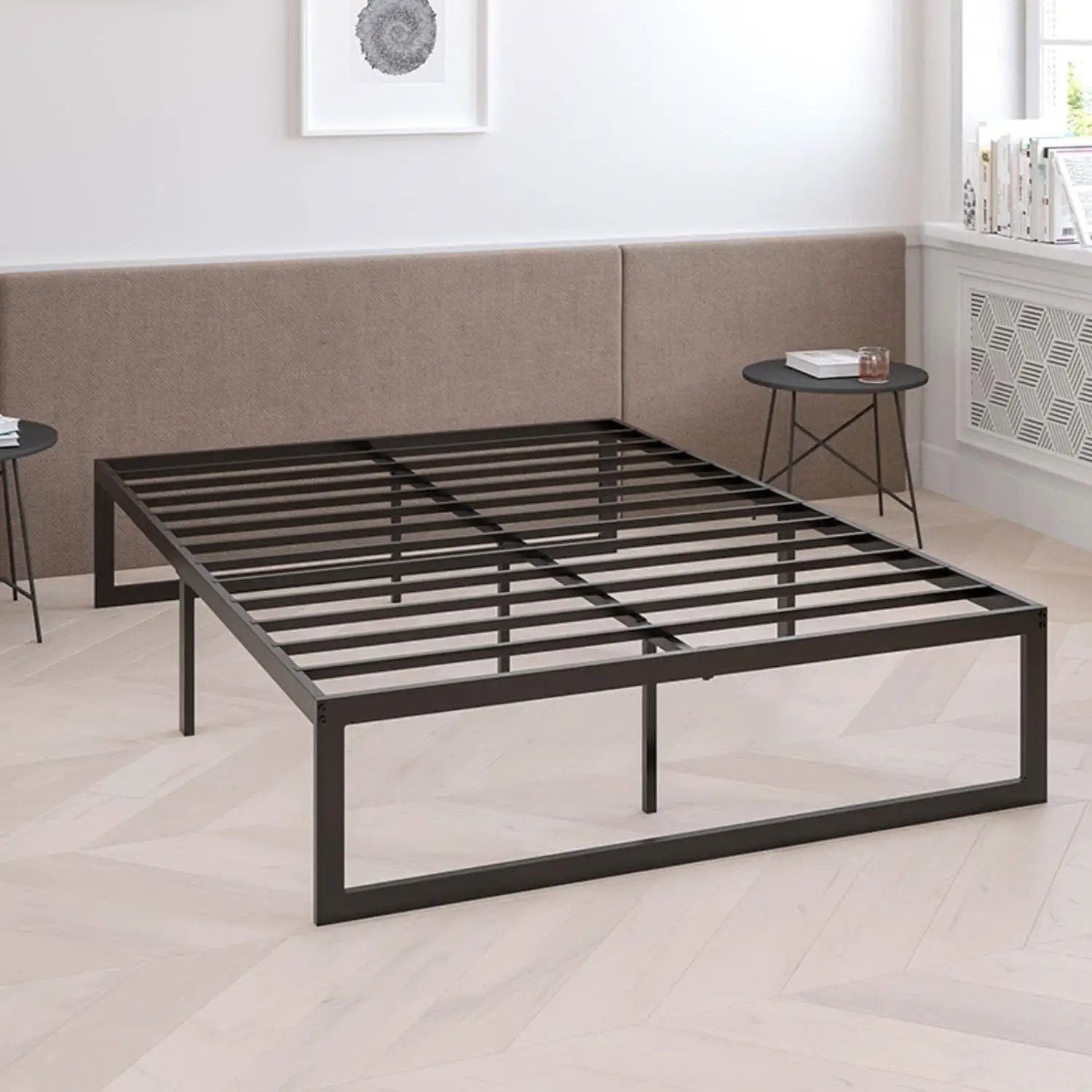 Queen Size 14 Inch High Heavy Duty Black Metal Platform Bed Frame by HomePacific