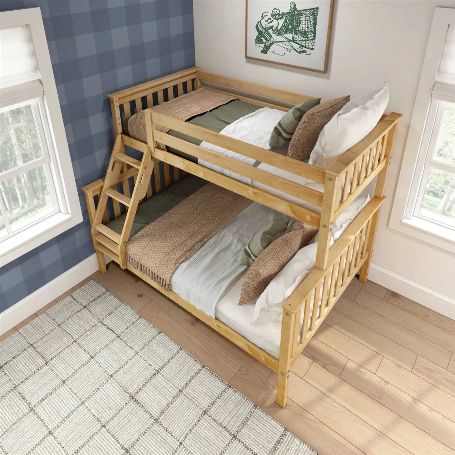 Twin over Full size Solid Wooden Bunk Bed in Natural Pine Wood Finish by HomePacific