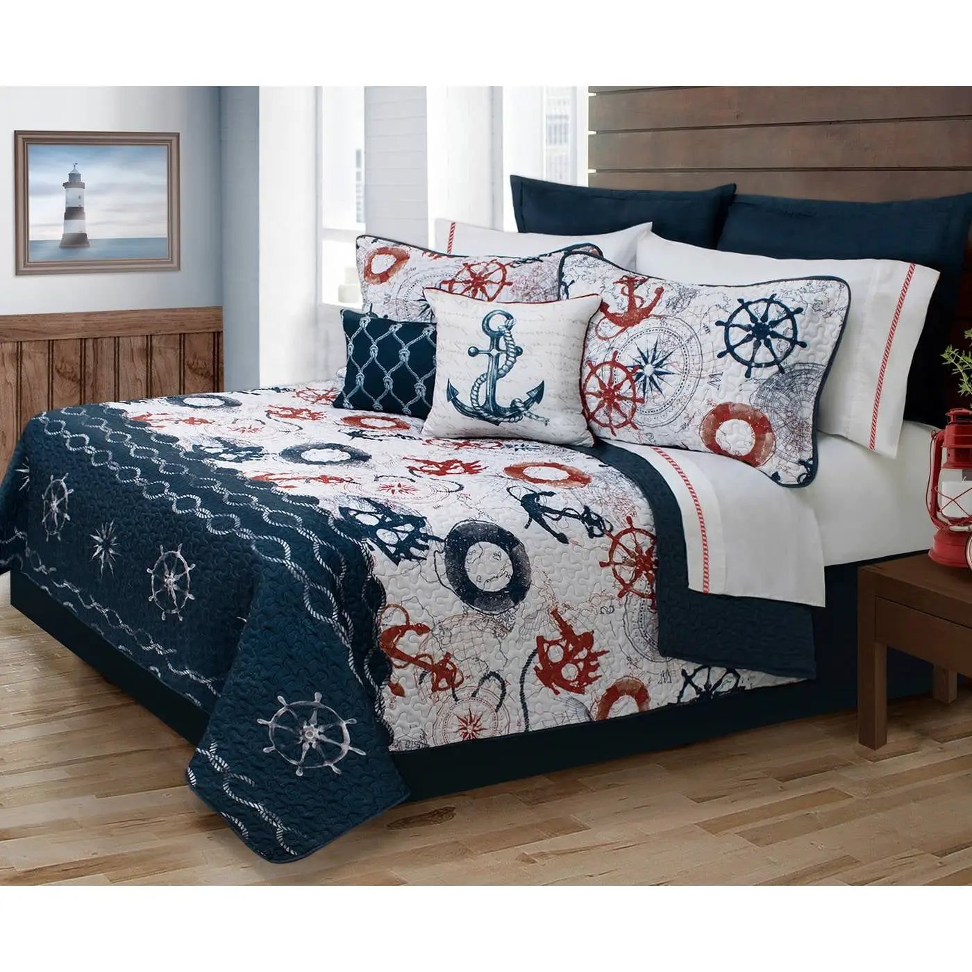 Full/Queen Modern Coastal Anchor Polyester Reversible Quilt Set by HomePacific
