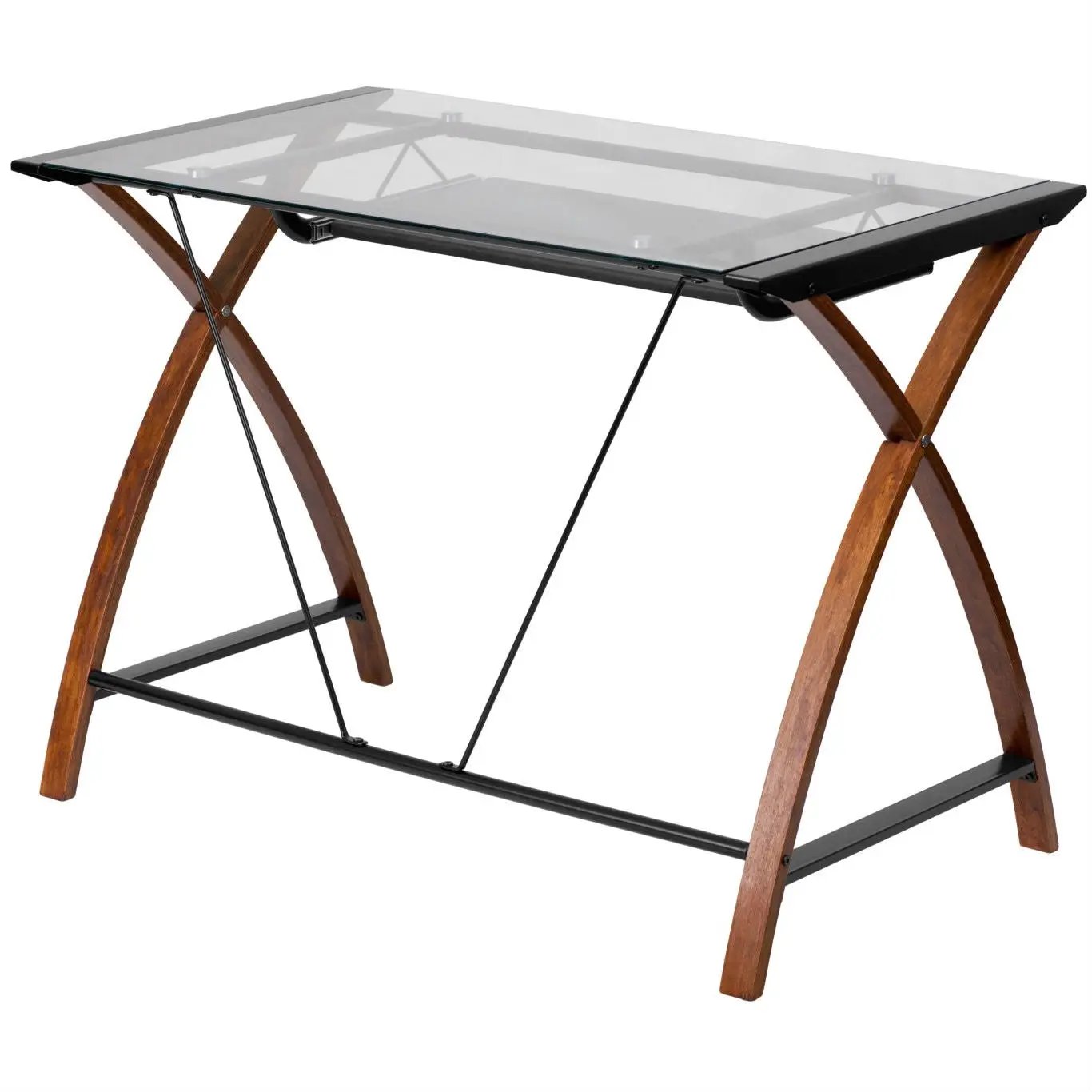 Modern Cherry Finish Glass Top Writing Table Computer Desk with Keyboard Tray by HomePacific