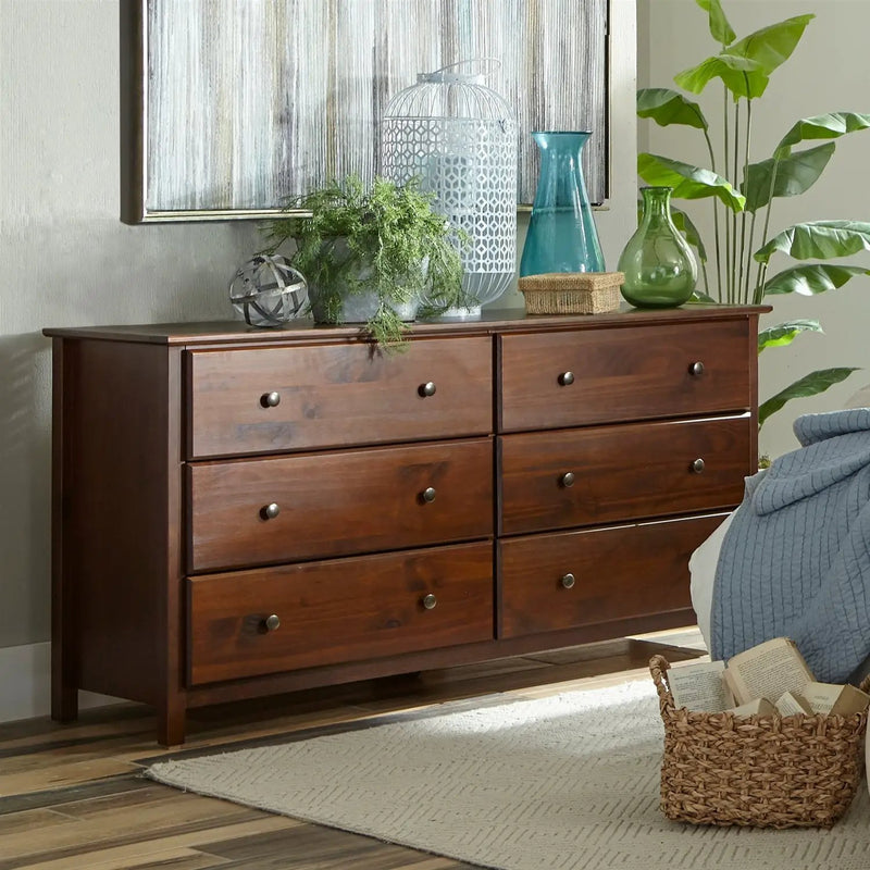 Farmhouse Solid Pine Wood 6 Drawer Dresser in Cherry Finish by HomePacific