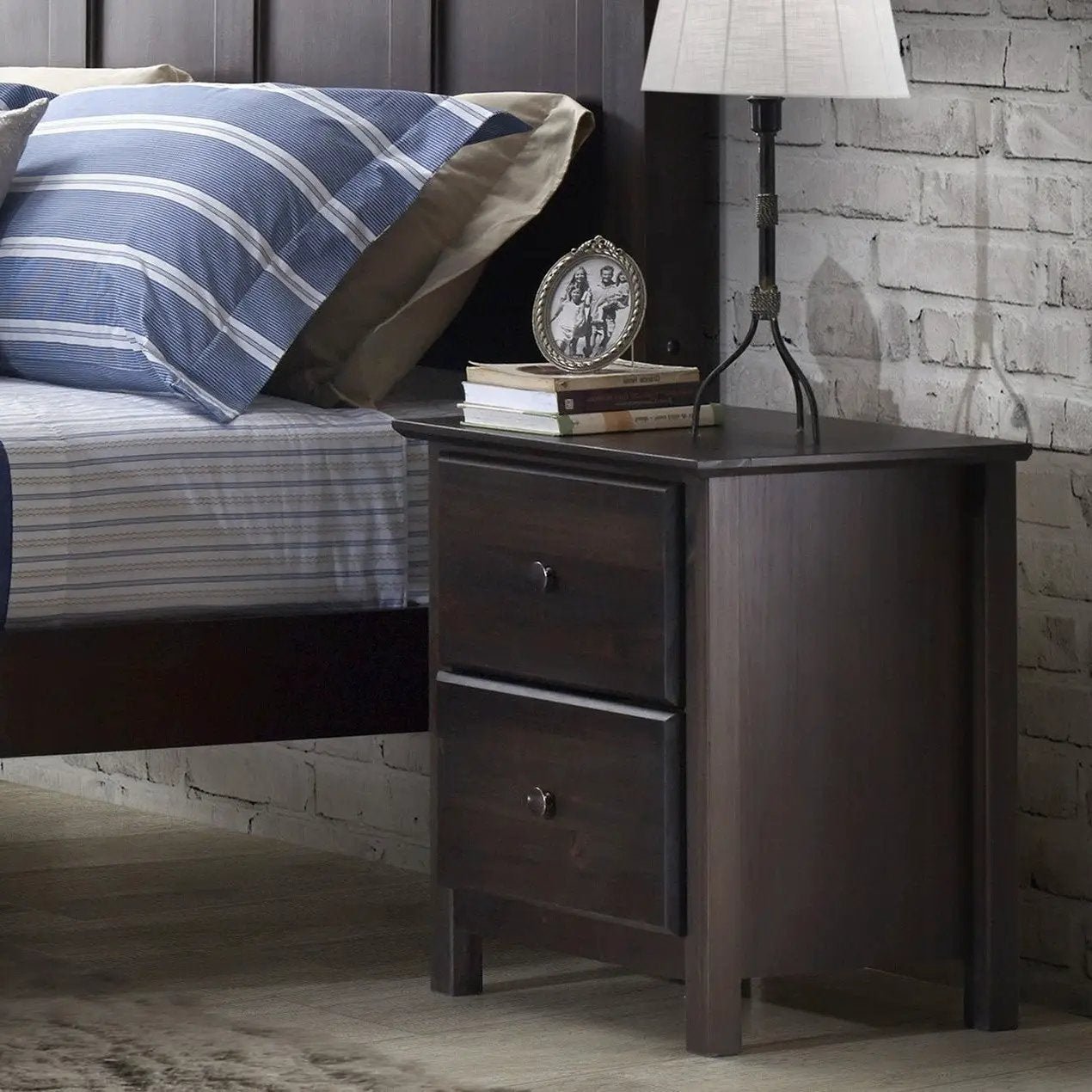 Farmhouse Solid Pine Wood 2 Drawer Nightstand in Espresso by HomePacific
