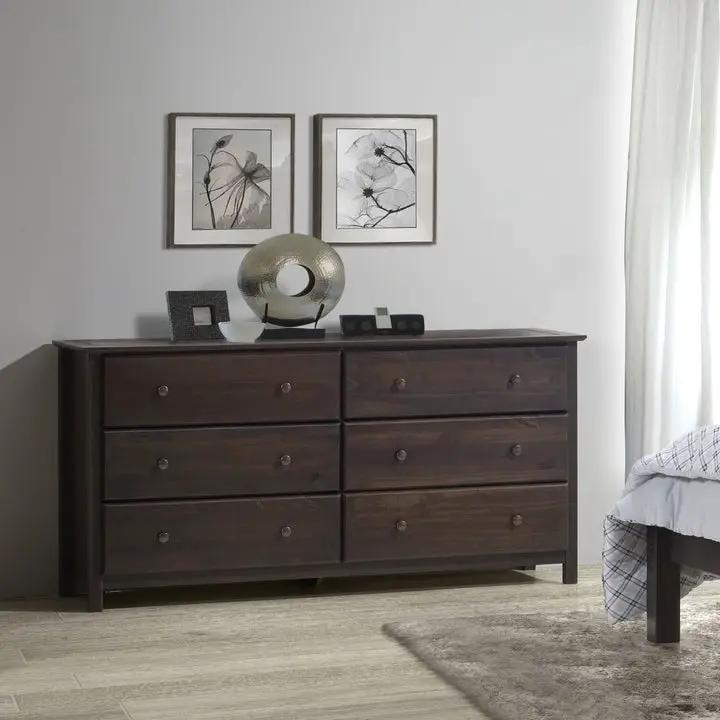 Farmhouse Solid Pine Wood 6 Drawer Dresser in Espresso Finish by HomePacific