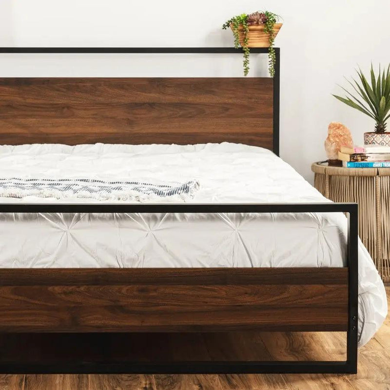 Queen size Farmhouse Metal Wood Platform Bed Frame with Headboard Footboard by HomePacific