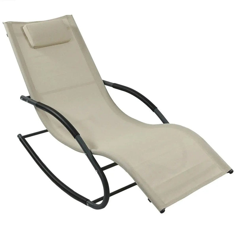 Set of 2 Beige Rocking Chaise Lounger Patio Lounge Chair with Pillow by HomePacific