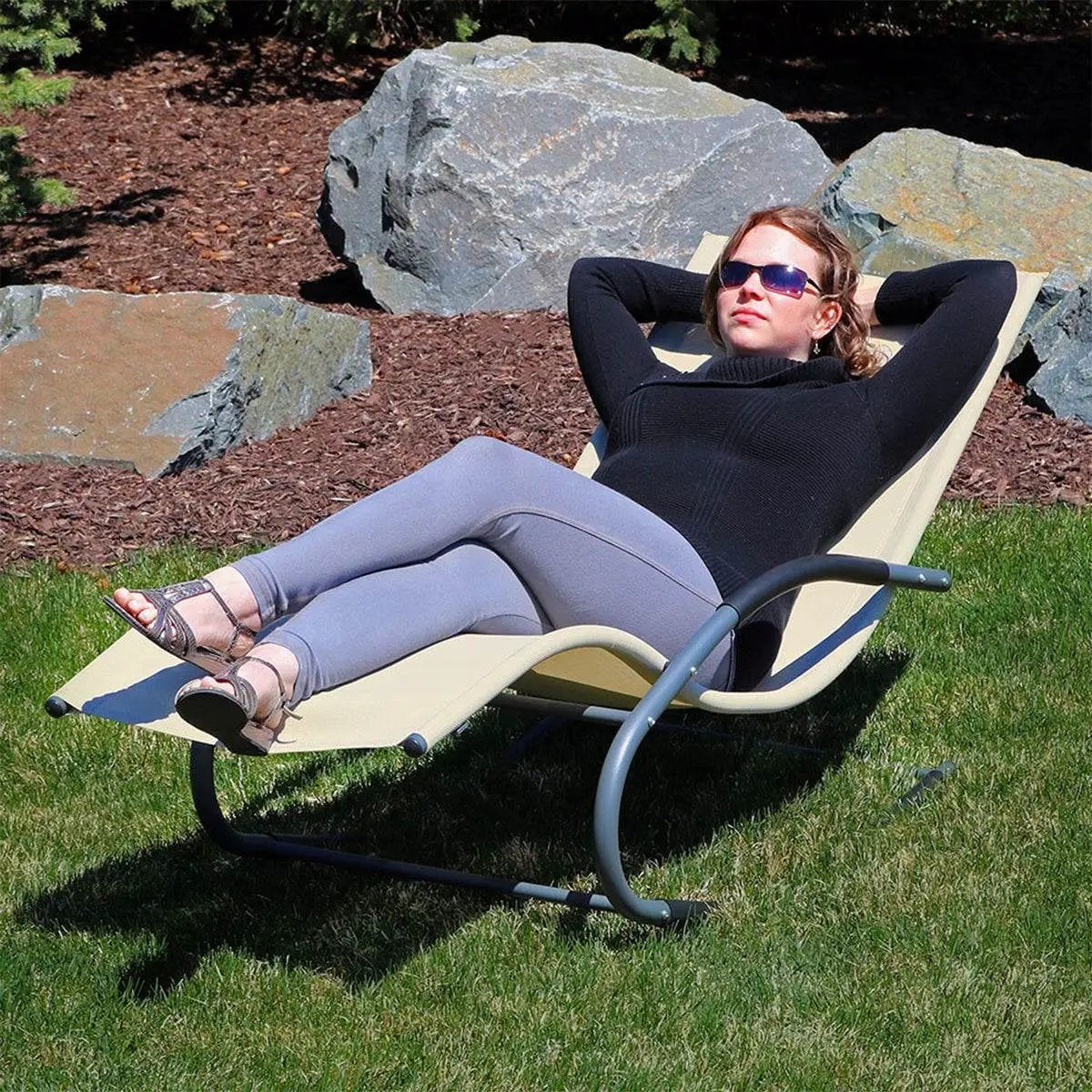 Set of 2 Beige Rocking Chaise Lounger Patio Lounge Chair with Pillow by HomePacific