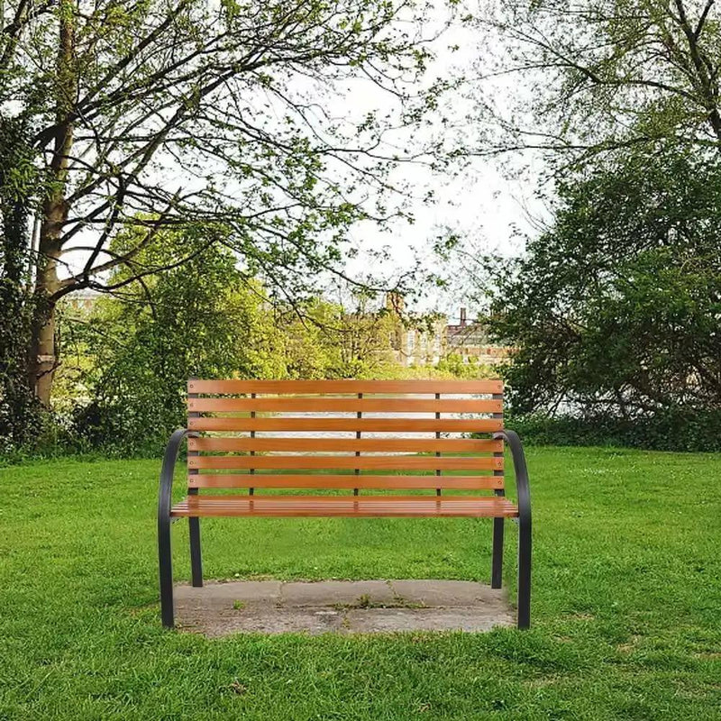 Black Metal Frame Outdoor Wood Slat Garden Bench with Curved Armrests by HomePacific