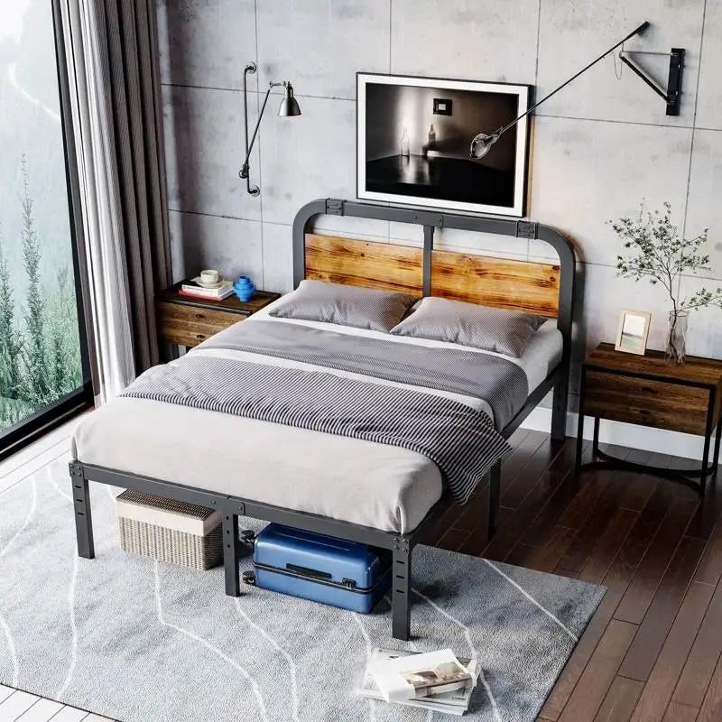 Full size Heavy Duty Black Metal Bed Frame with Solid Wood Panel Headboard by HomePacific
