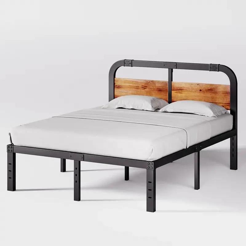 Full size Heavy Duty Black Metal Bed Frame with Solid Wood Panel Headboard by HomePacific
