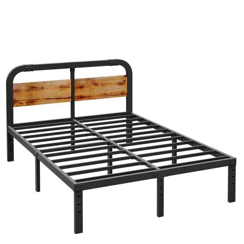 Full size Heavy Duty Black Metal Bed Frame with Solid Wood Panel Headboard by HomePacific