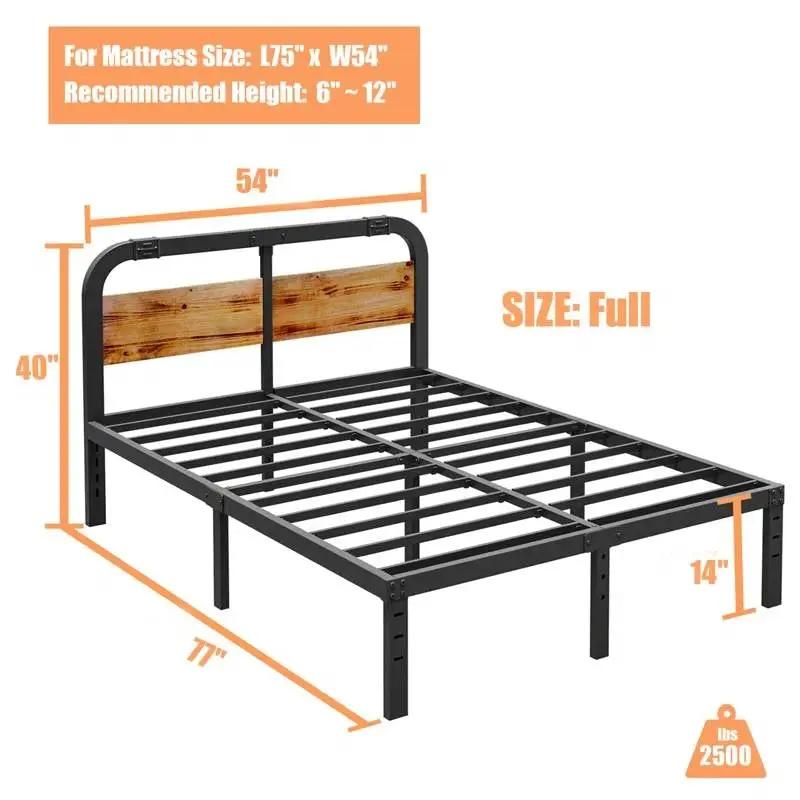 Full size Heavy Duty Black Metal Bed Frame with Solid Wood Panel Headboard by HomePacific