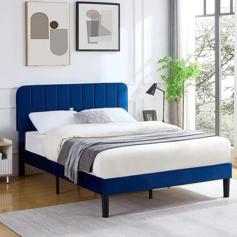 Full size Blue Upholstered Platform Bed Frame with Headboard by HomePacific