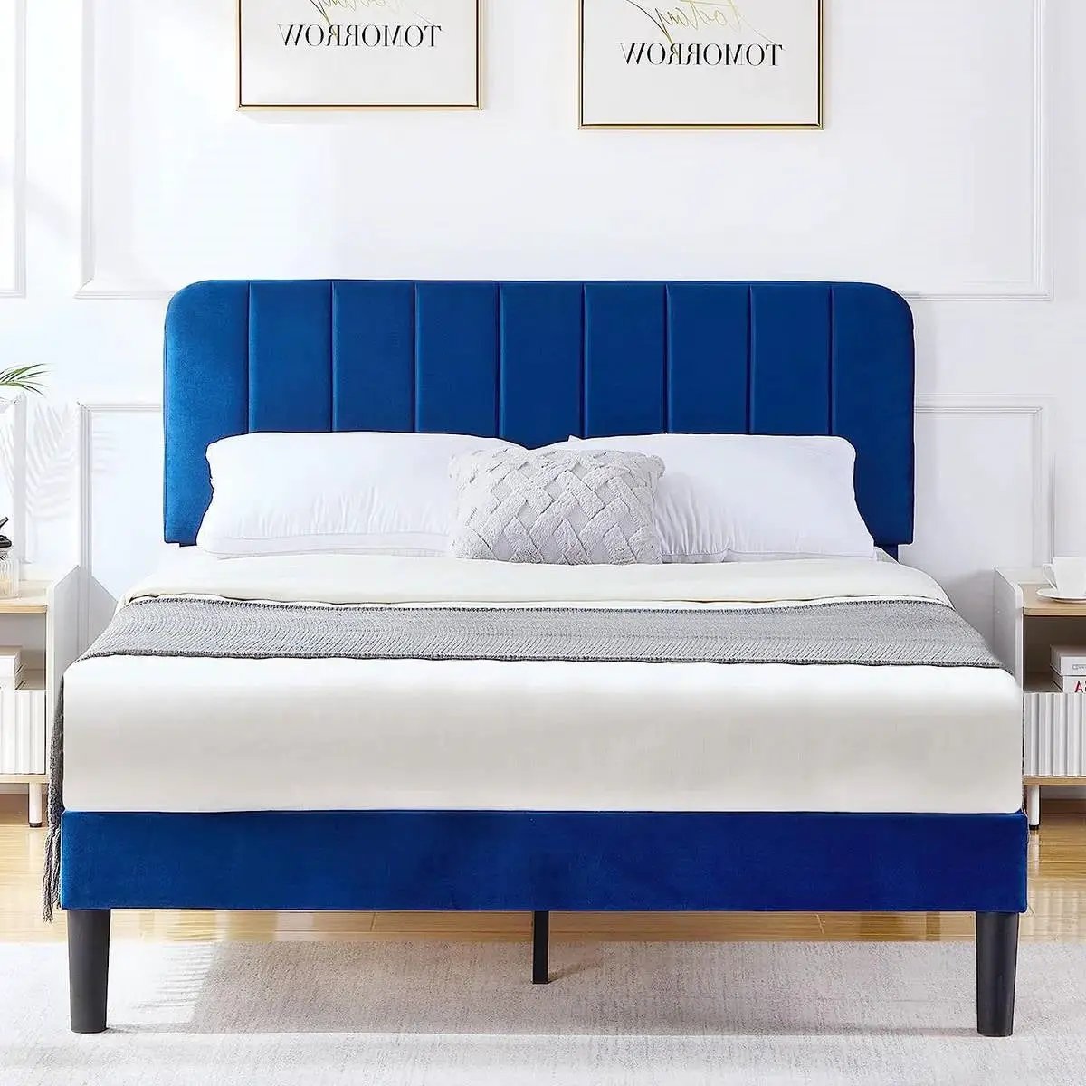 Full size Blue Upholstered Platform Bed Frame with Headboard by HomePacific