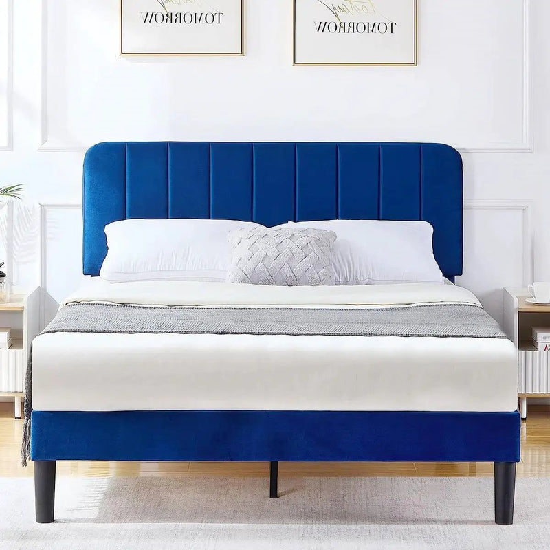 Full size Blue Upholstered Platform Bed Frame with Headboard by HomePacific