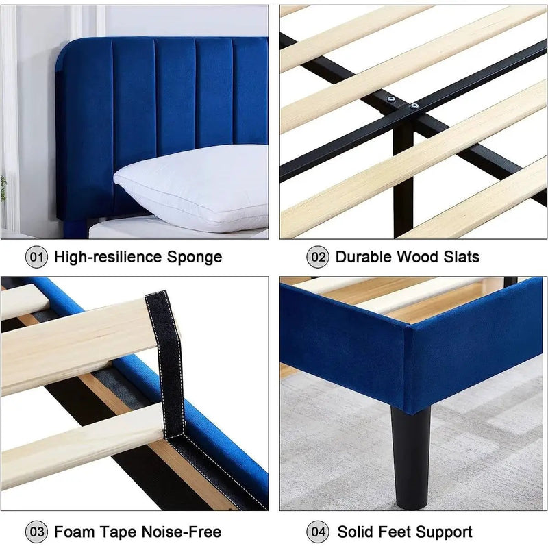 Full size Blue Upholstered Platform Bed Frame with Headboard by HomePacific
