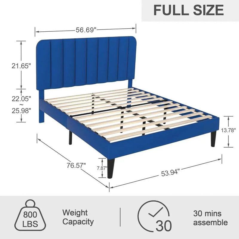 Full size Blue Upholstered Platform Bed Frame with Headboard by HomePacific