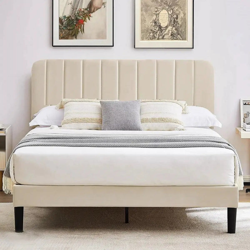 Full size Beige Upholstered Platform Bed Frame with Headboard by HomePacific