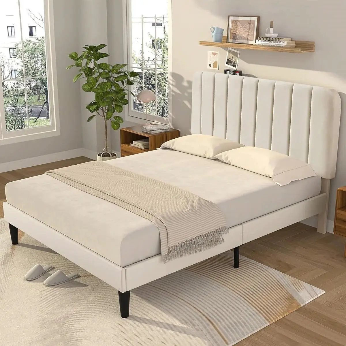 Full size Beige Upholstered Platform Bed Frame with Headboard by HomePacific