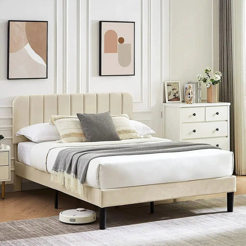 Full size Beige Upholstered Platform Bed Frame with Headboard by HomePacific