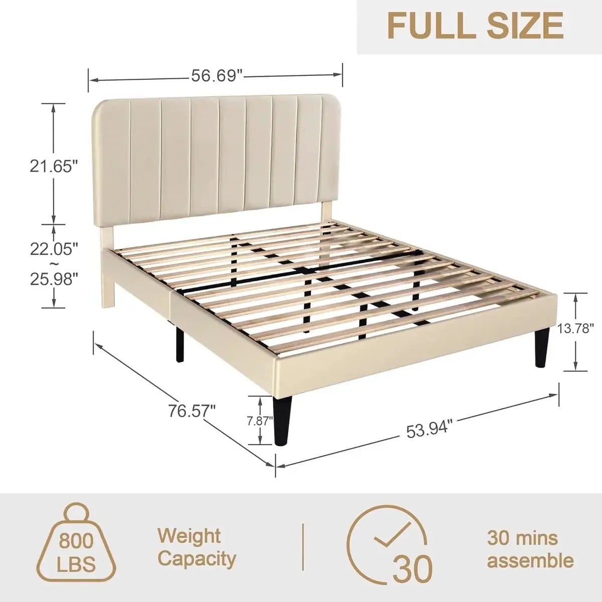 Full size Beige Upholstered Platform Bed Frame with Headboard by HomePacific