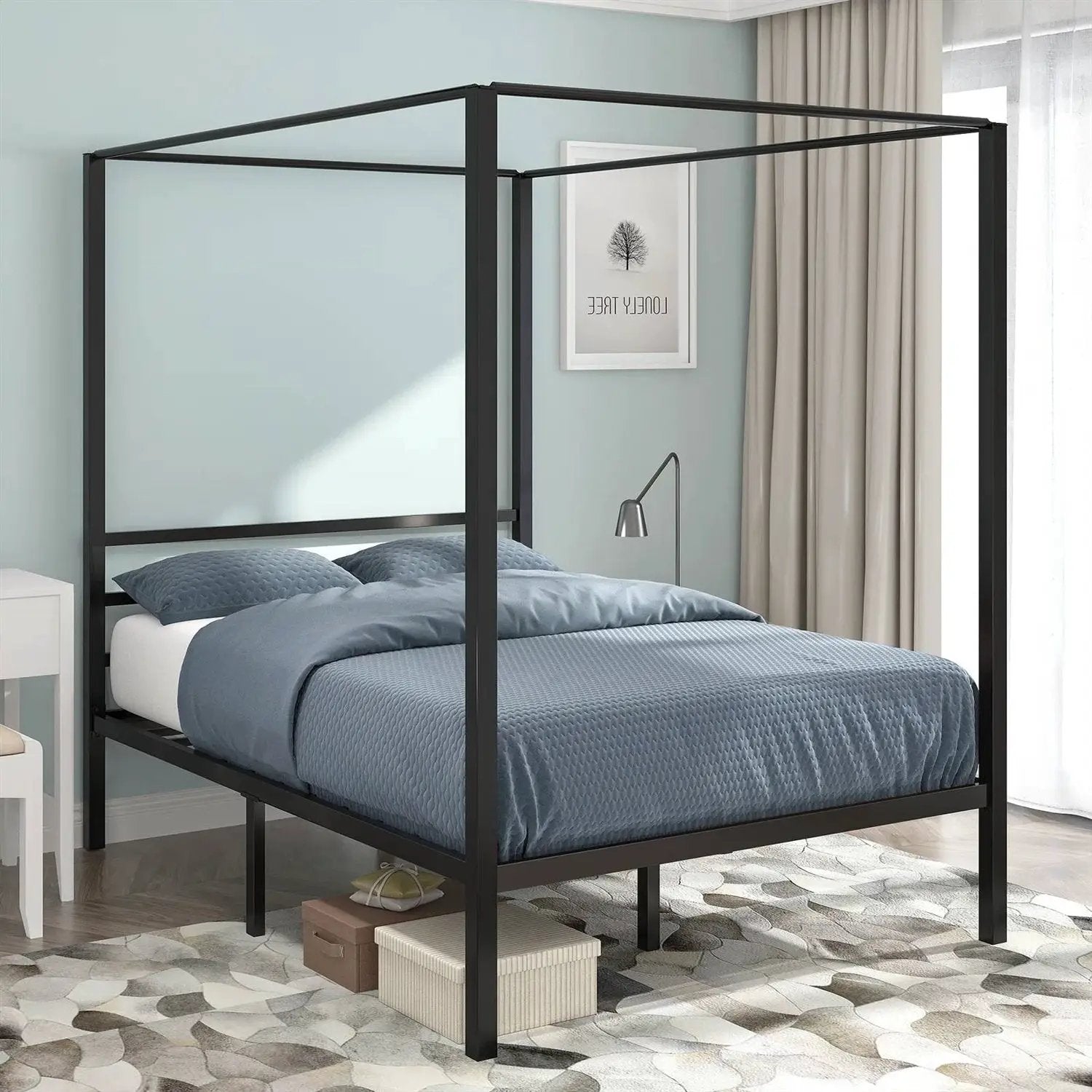 Full size Modern Four Poster Metal Canopy Bed in Black Finish by HomePacific